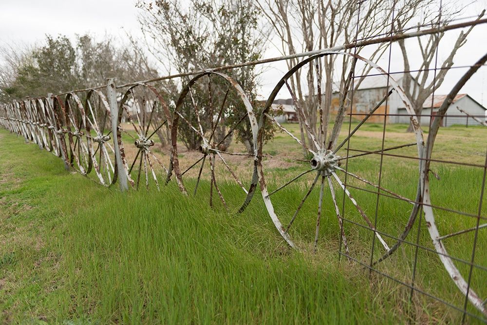 A fence made of wagon wheels near Schulenburg in Fayette County, TX