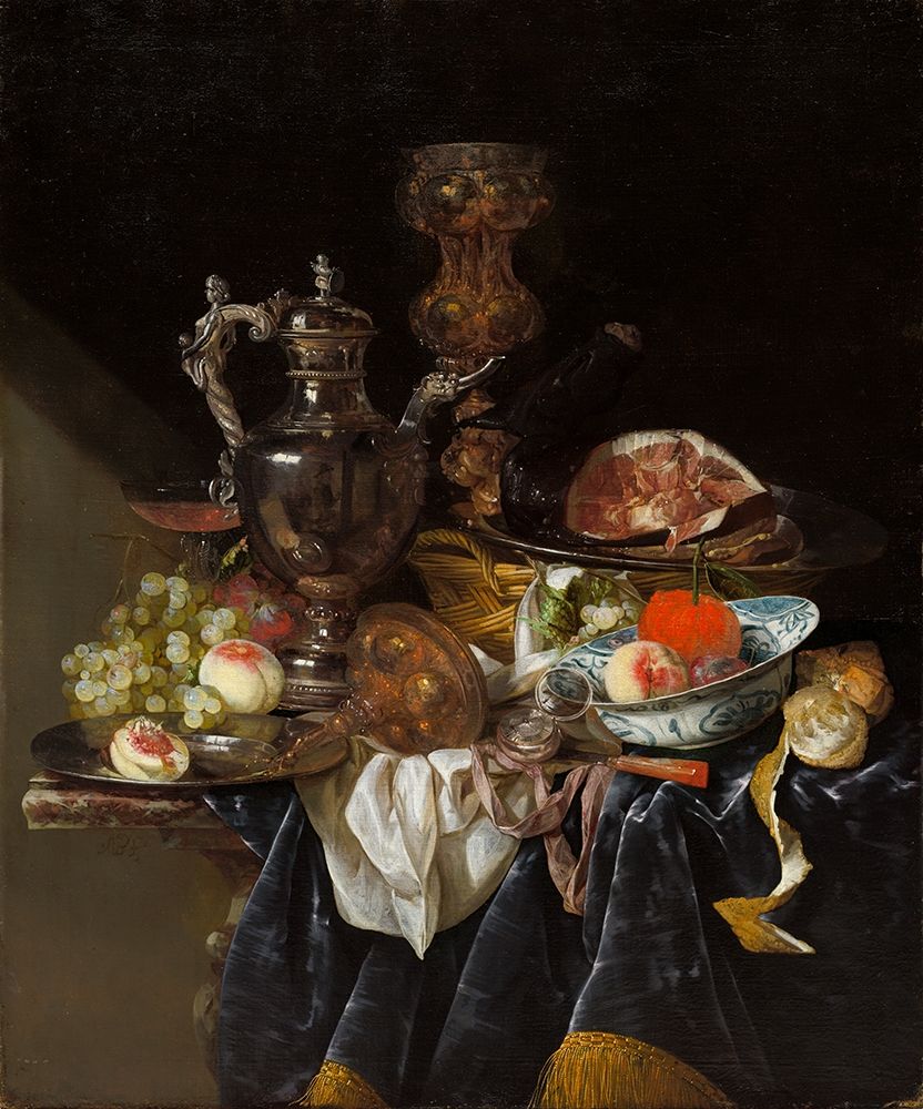 Silver Wine Jug, Ham, and Fruit