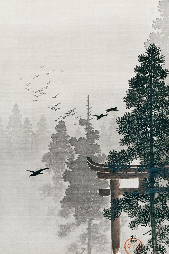 Flock of birds and a torii gate in a pine tree forest