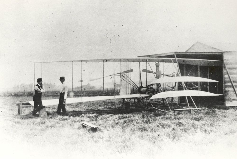 Wilber and Orville Wright with Flyer II at Huffman Prairie