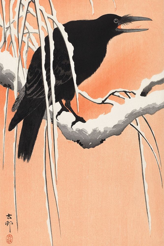 Crow on snowy branch