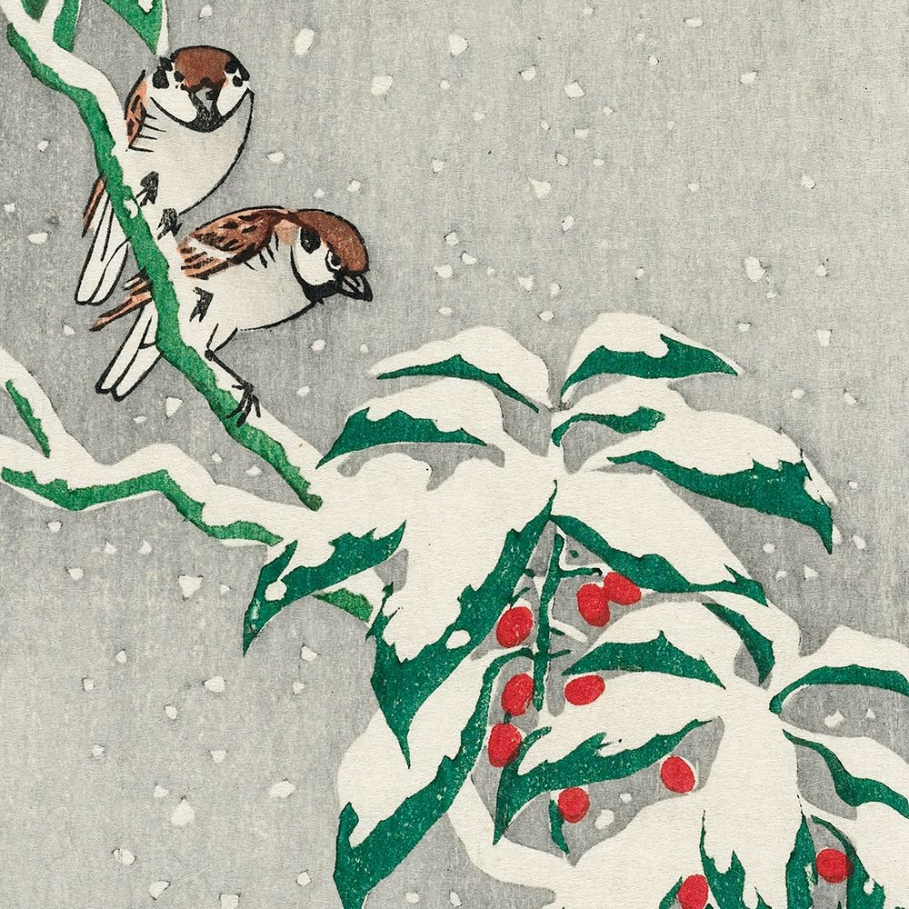 Sparrows on snowy berry bush