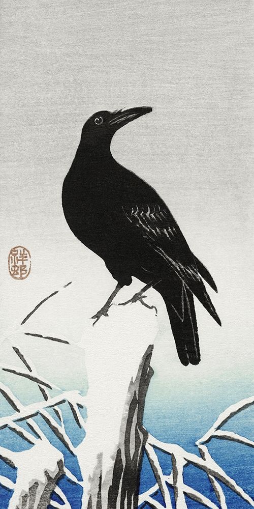 Crow on snowy pole