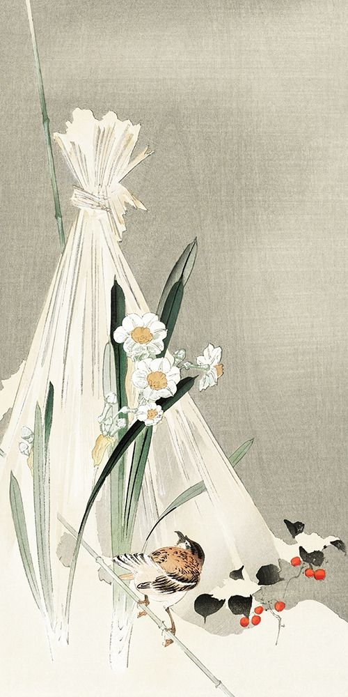 A bird with narcissus flowers and a hay bundle