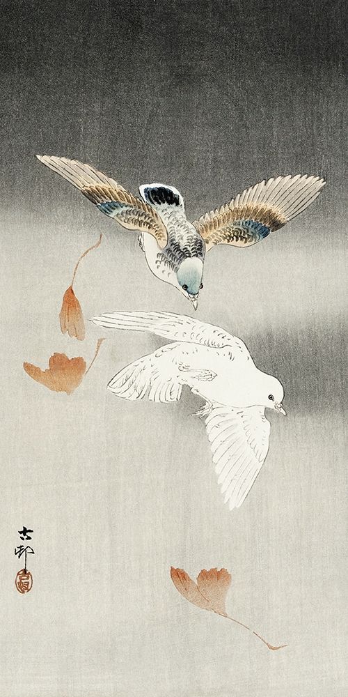 Two pigeons with falling ginkgo leaves