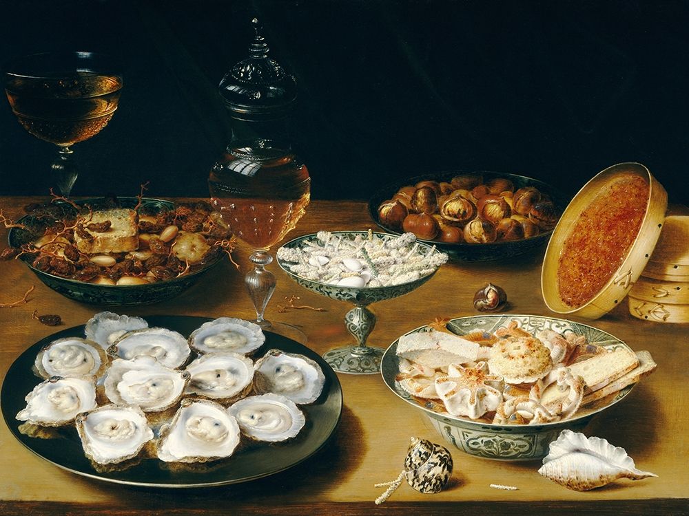 Dishes with Oysters, Fruit, and WineÂ atÂ Still life