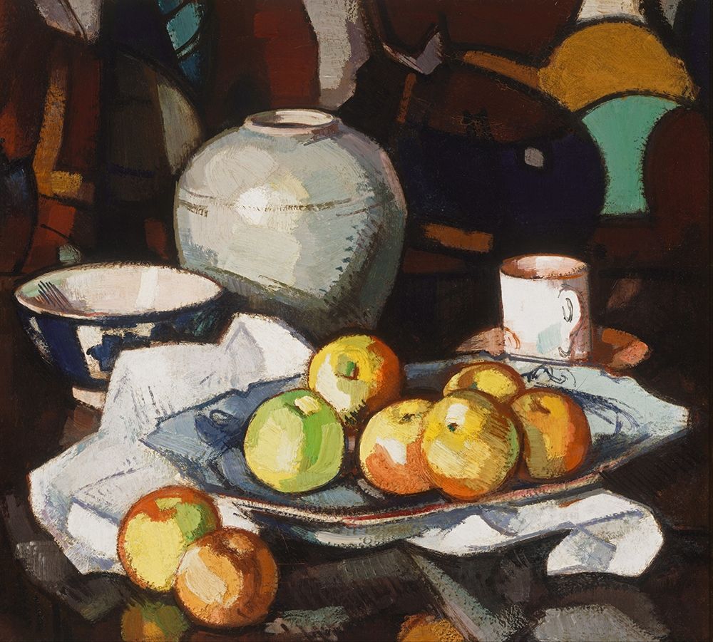 Still life apples and jar