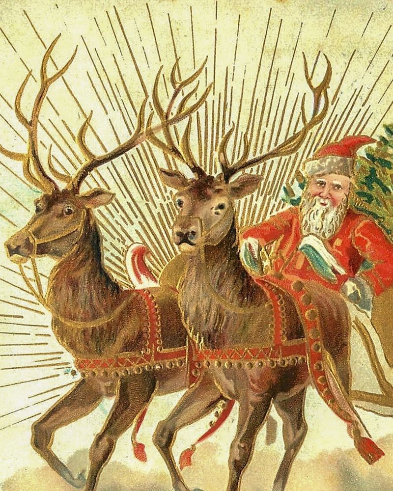 Christmas postcard of Santa Claus and his reindeer