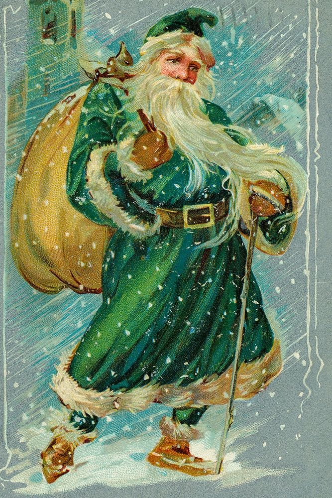 Christmas postcard with Santa Claus wearing green robes