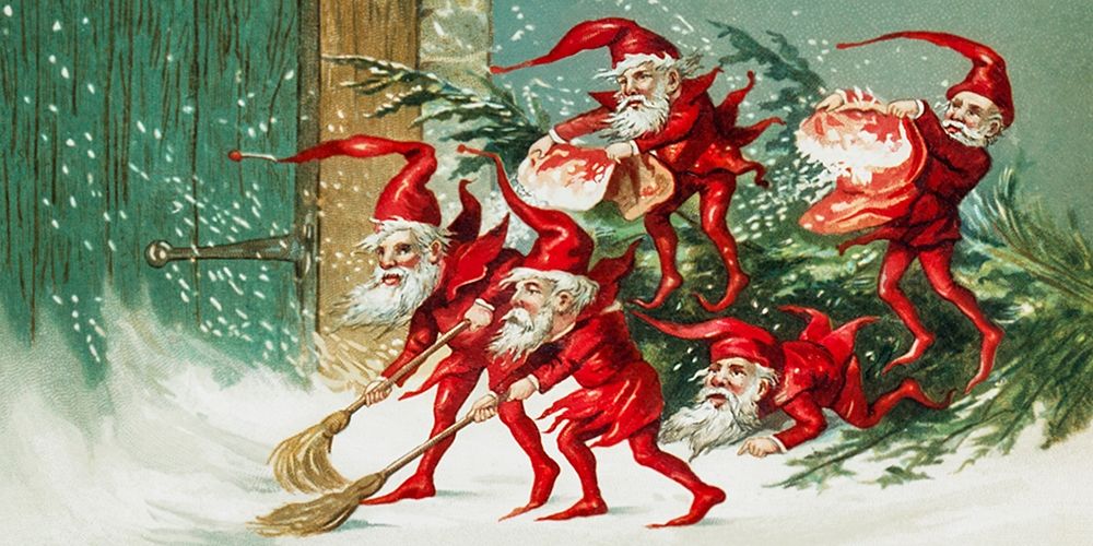 Santa elves sweeping snowÂ