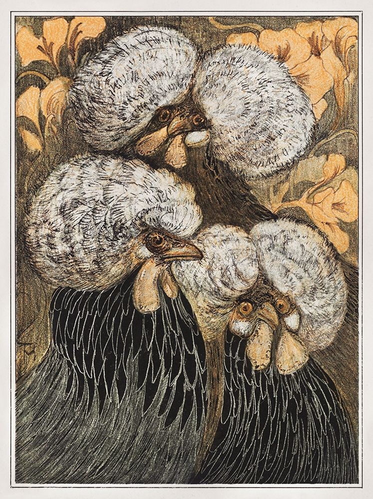 Three crested chickens