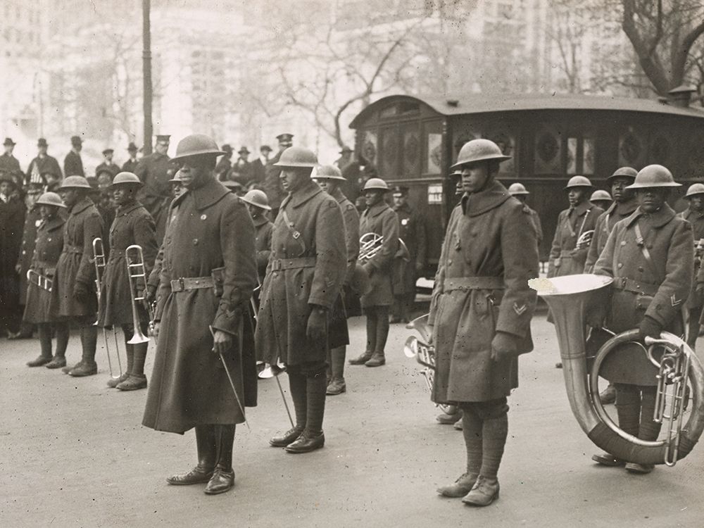 WWI Lieutenant James Europe and his Famous Jazz Band of the 369th Colored Infantry in the Parade on