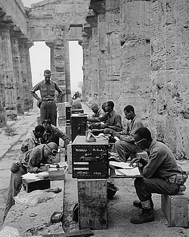 WWII 480th Port Battalion Set Up Between the Columns of the Ancient Greek Temple of Neptune