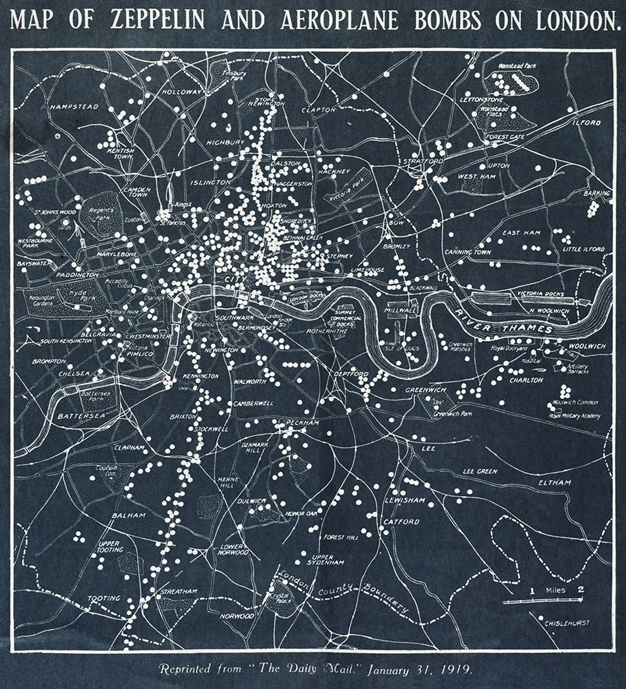 Map of Zeppelin and aeroplane bombs on London