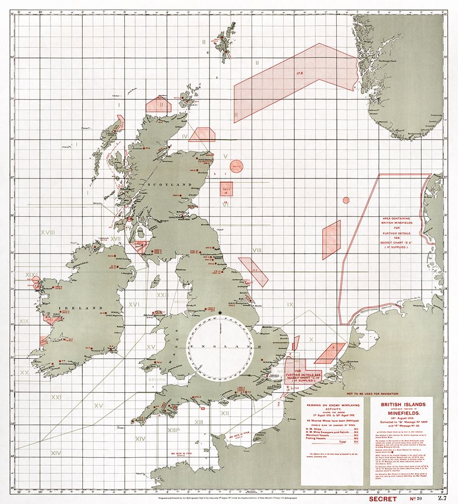 British Islands approximate positions of minefields 1918