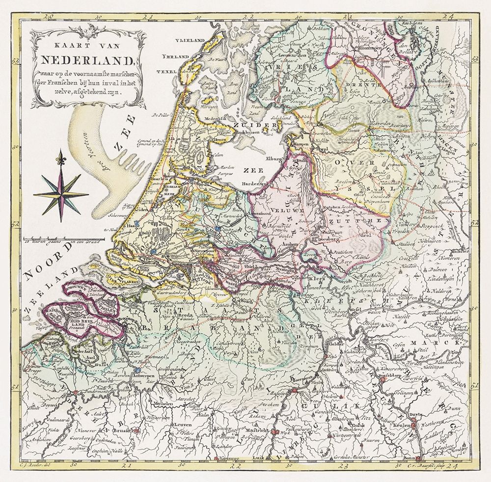 Map of the Netherlands with the marching routes of the French army 1792