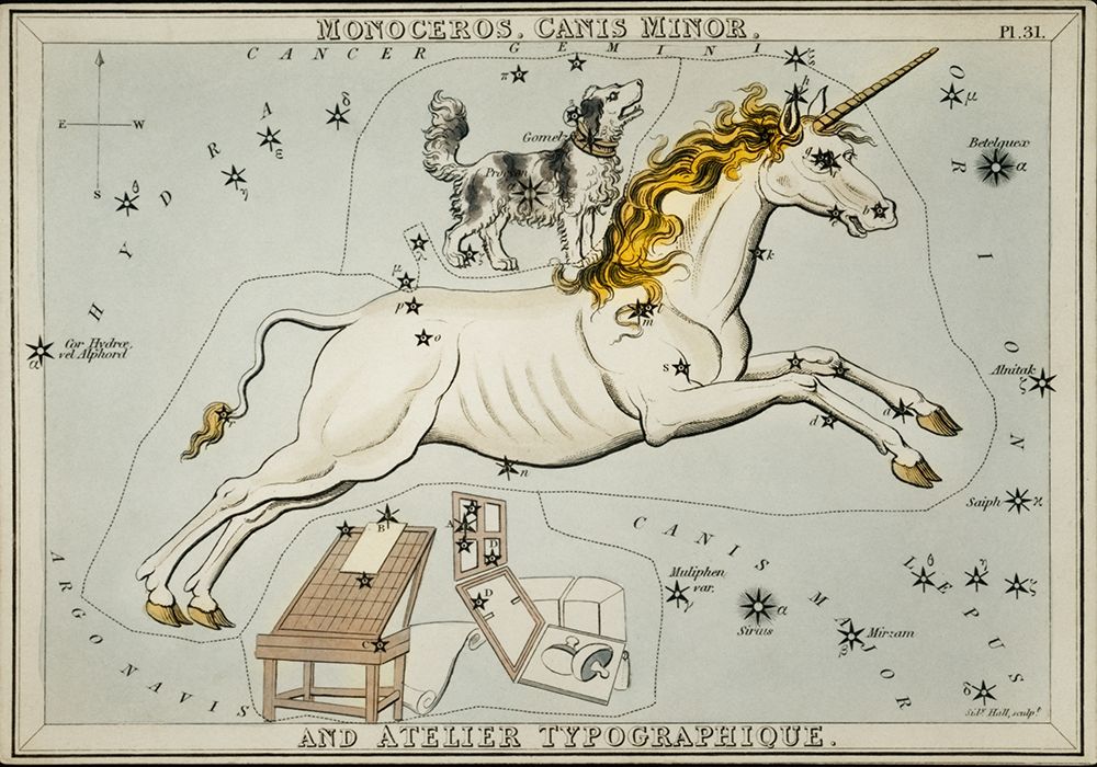 Astronomical chart illustration of the Monoceros-Canis Minor and the Atelier Typographique