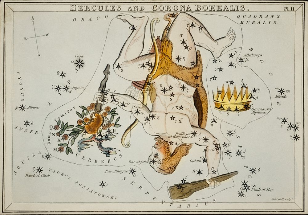 Astronomical chart illustration of the Hercules and the Corona Borealis