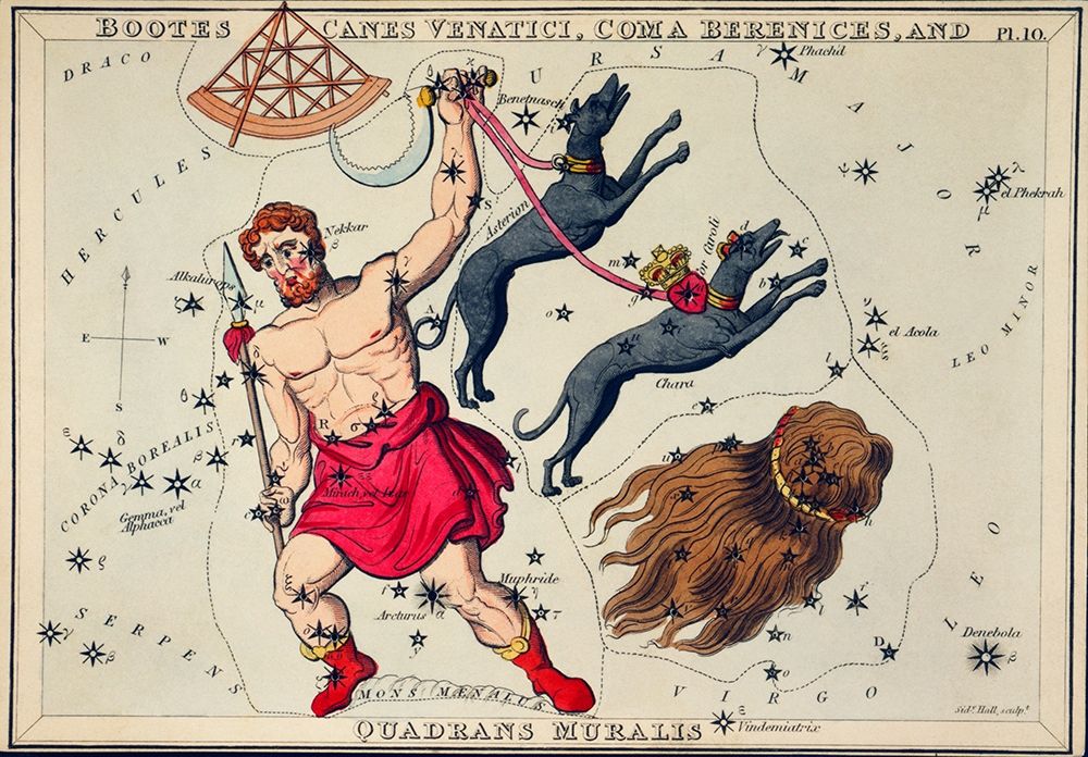 Astronomical chart illustration of Bootes Canes Venatici-Coma Berenices-and Quadrans Muralis