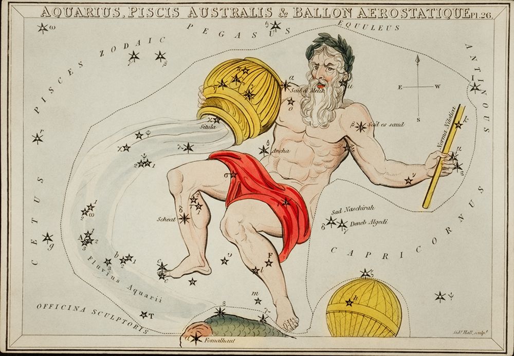 Astronomical chart illustration of the Zodiacs Aquaris-Piscis Australis and Ballon Aerostatique