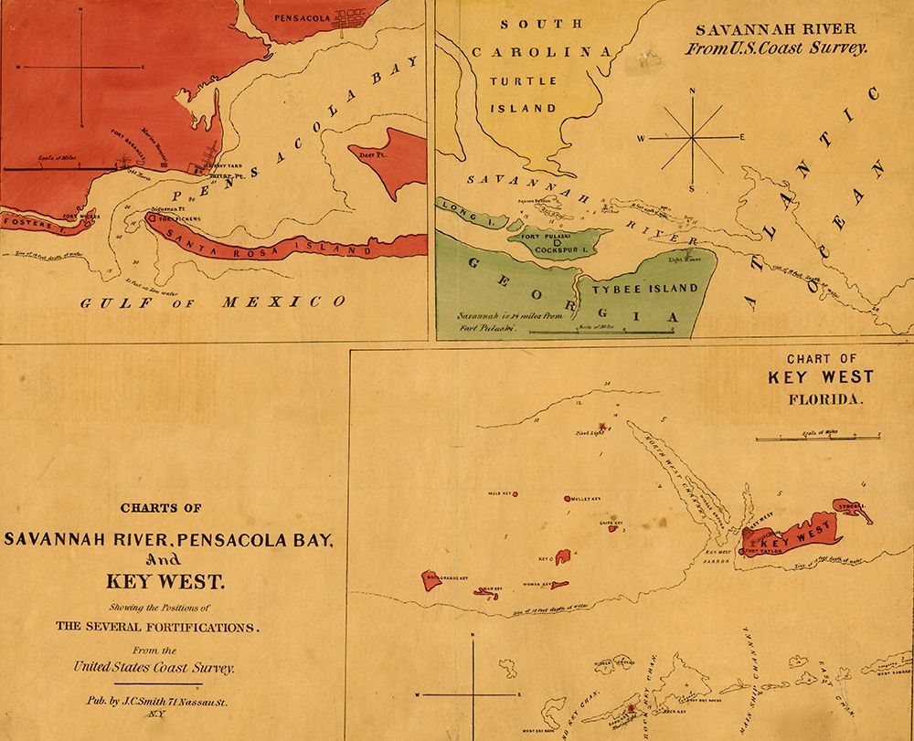 Charts of Savannah River Pensacola Bay and Key West Showing the positions of the several fortificati