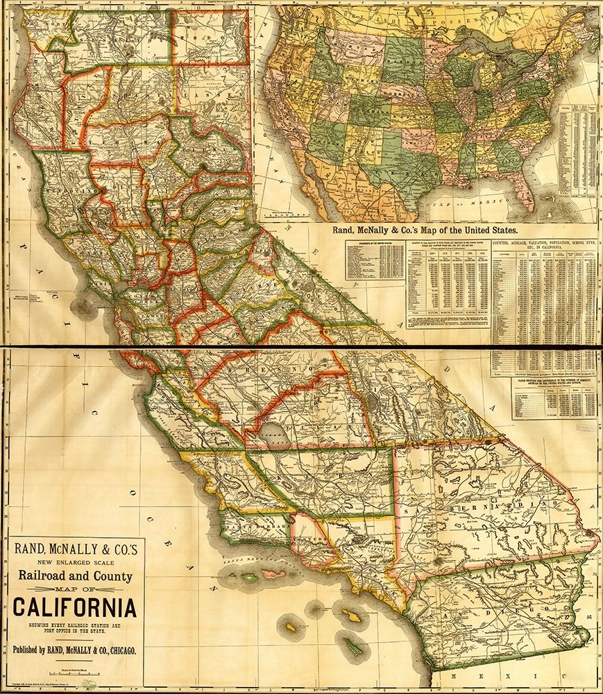 Railroad and county map of California showing every railroad station and post office 1883