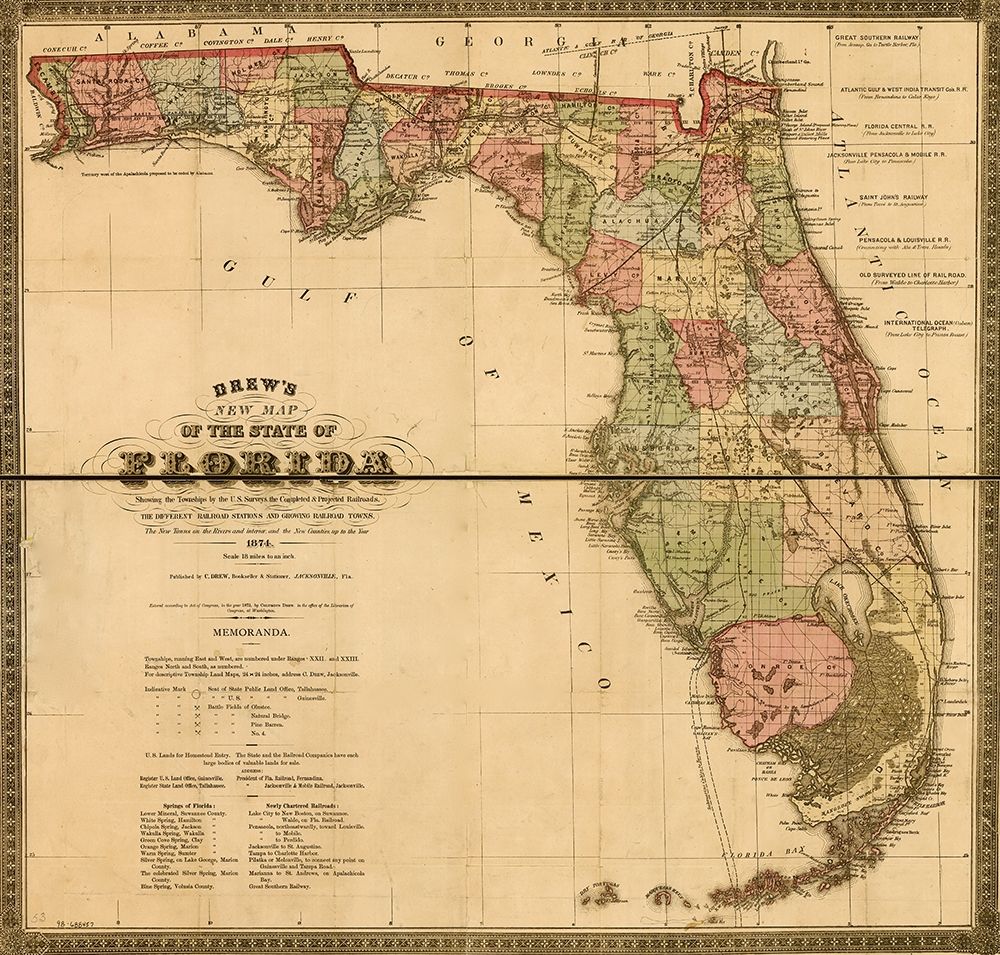Florida Railway and Township Map 1874
