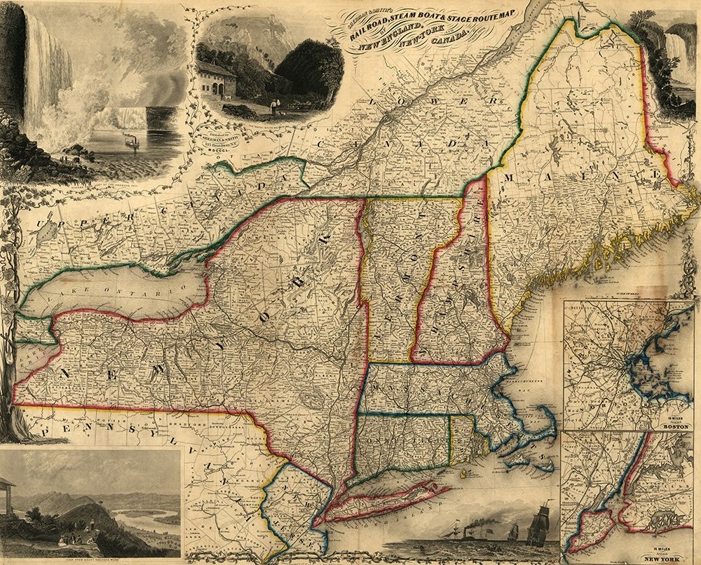 Railroad steam boat and stage route map of New England New York and Canada 1850