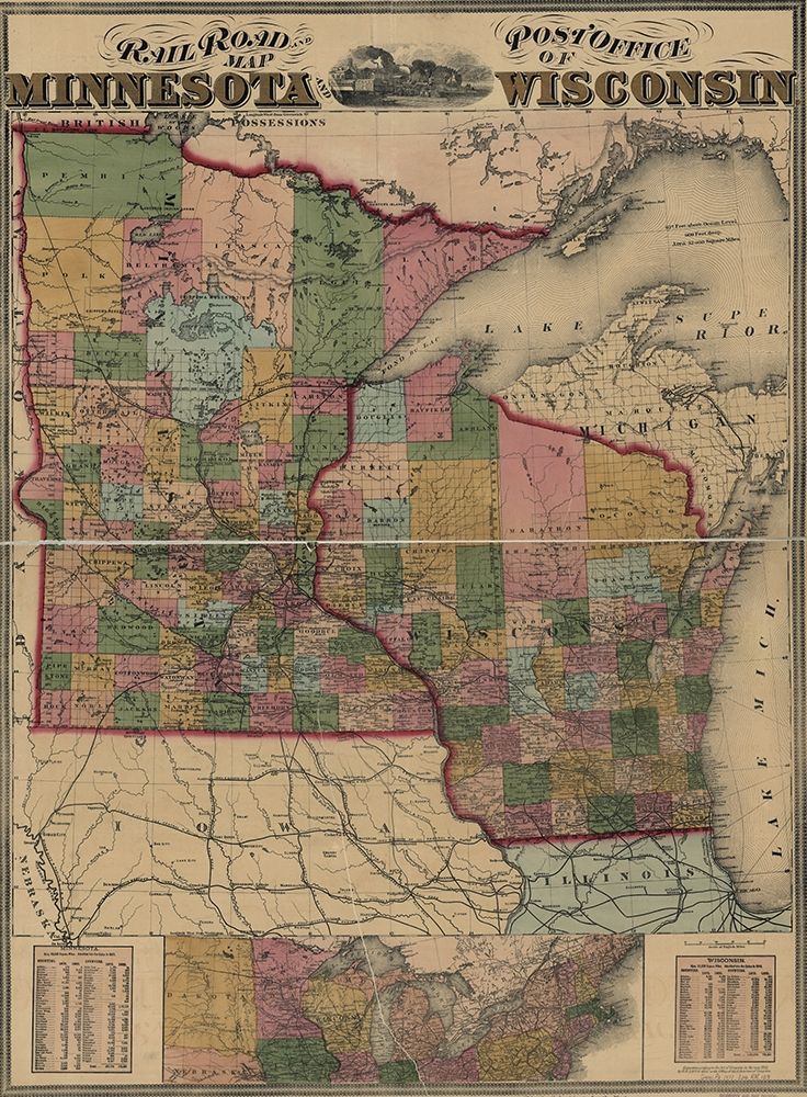 Railroad and post office map of Minnesota and Wisconsin 1871
