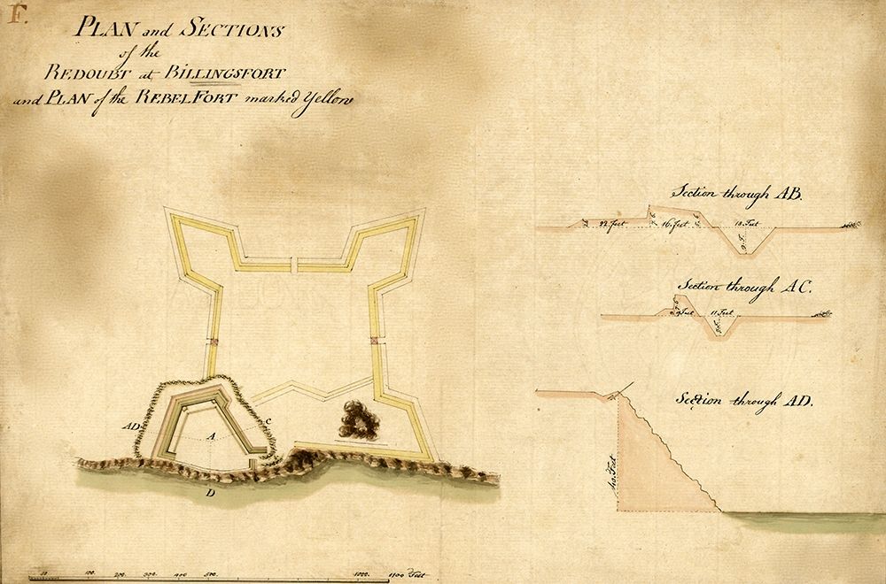 Plan and sections of the redoubt at Billingsfort 1777