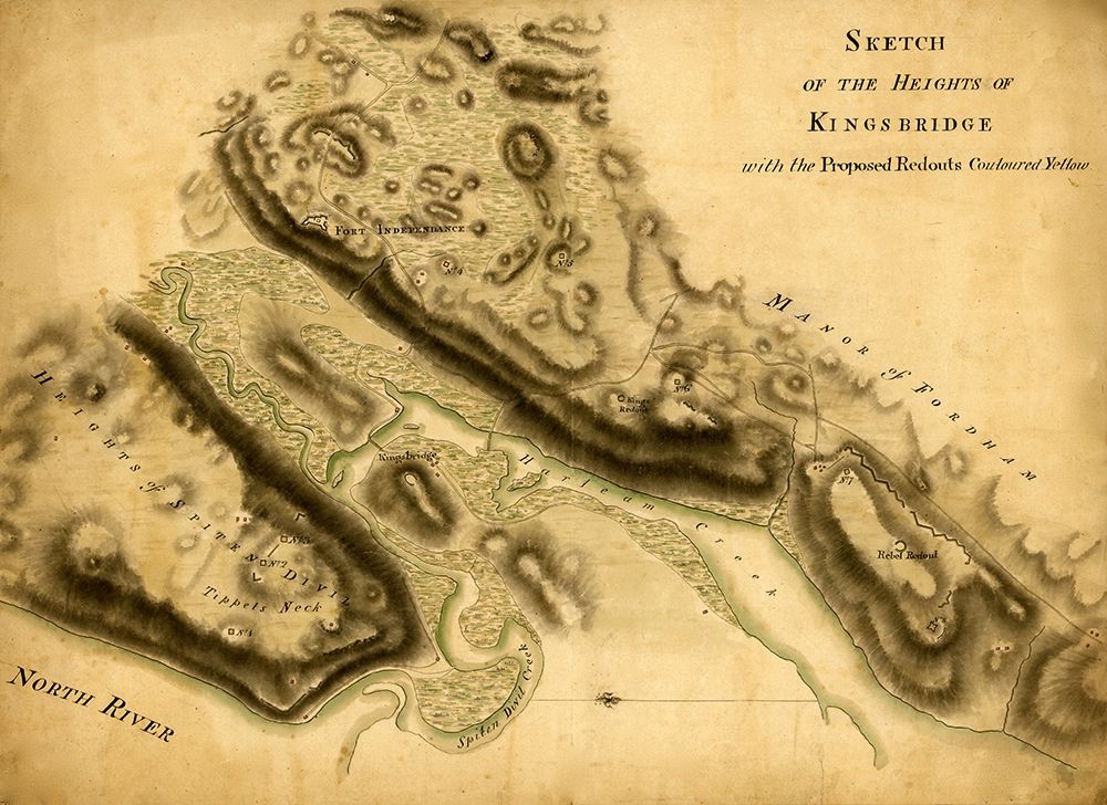 Sketch of the Heights of Kingsbridge with the proposed redoubts colored yellow 1777