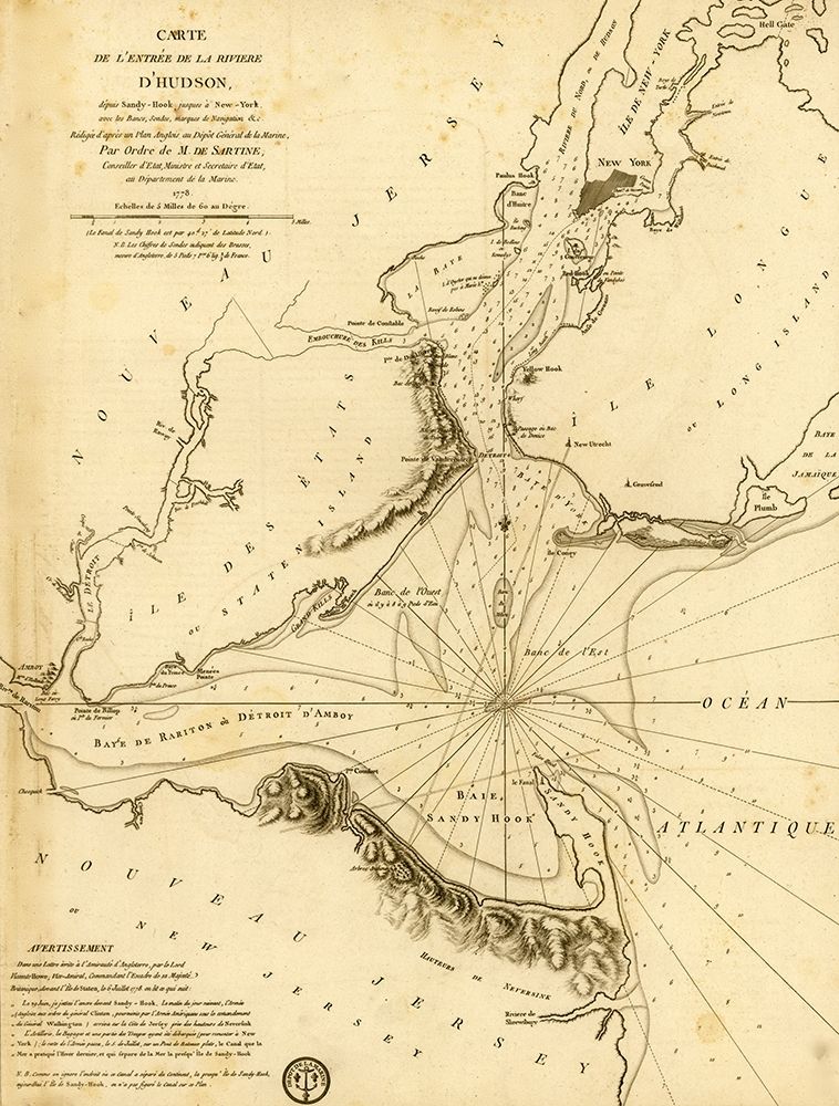French Naval Map for the Entrance to the Hudson in New York 1778