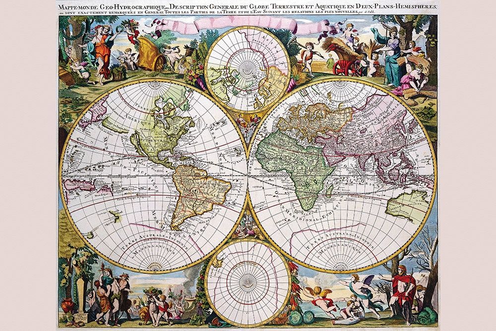 Stereographic Map of the World with Classical Illustration