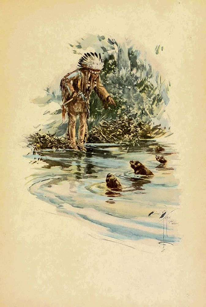 Indian and otters from The Song of Hiawatha 1906