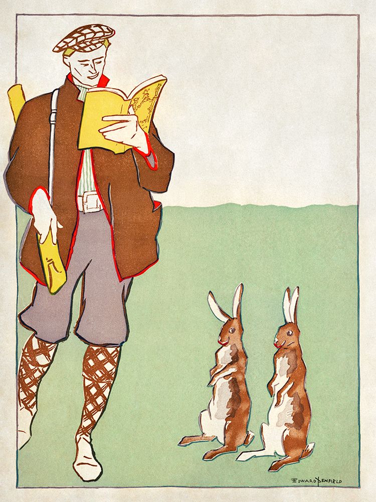 Man reading a book with Hares