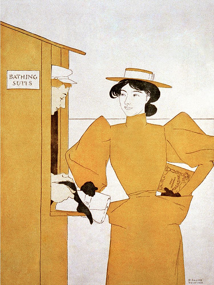 woman picking up bathing suits