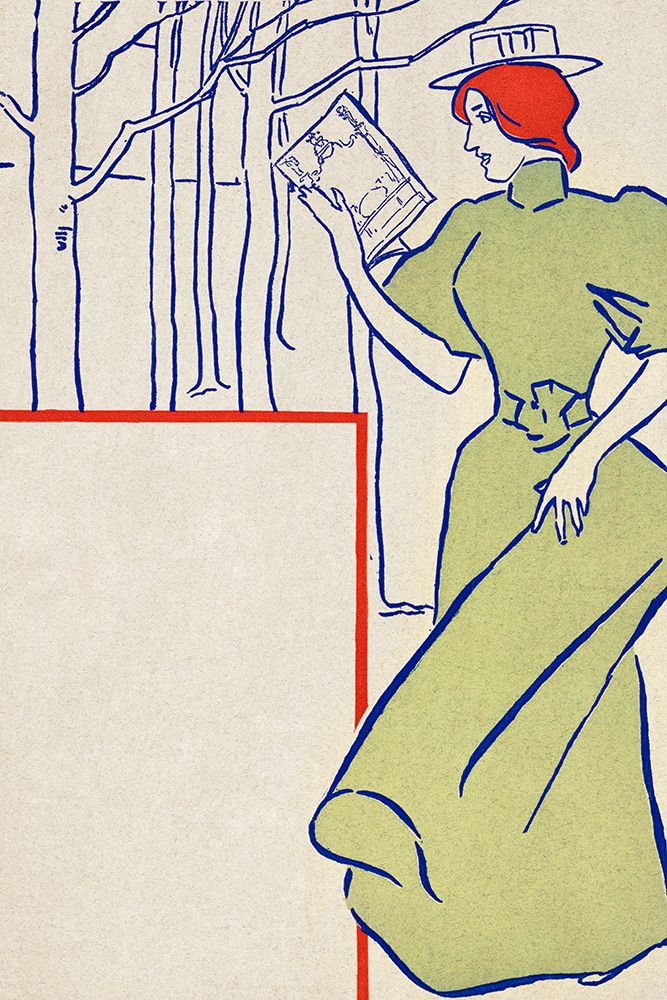 Woman in green dress reading a book