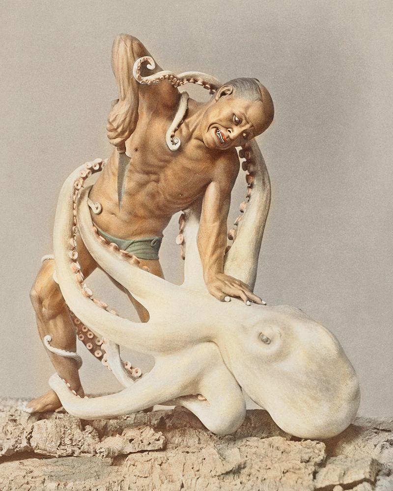 Wood Carving Man and Octopus