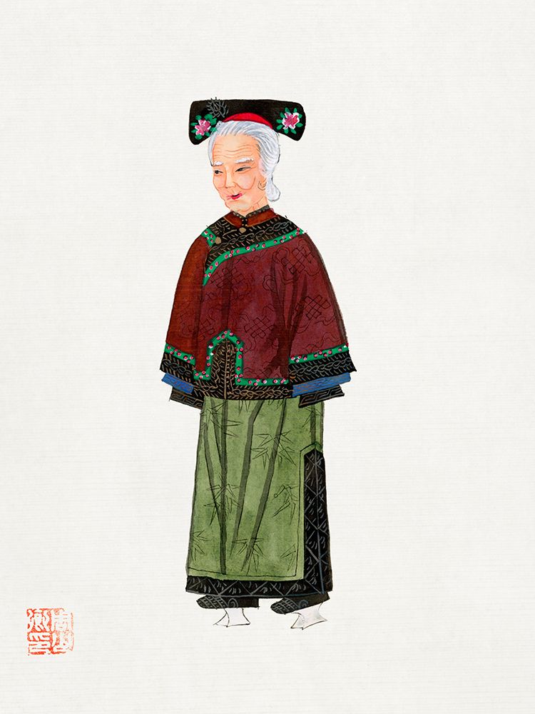 Old lady in light green embroidered silk costume