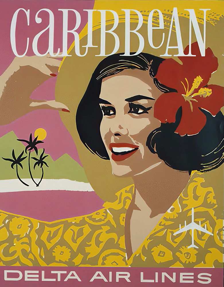Caribbean Mid Century Vintage Airline Travel Poster