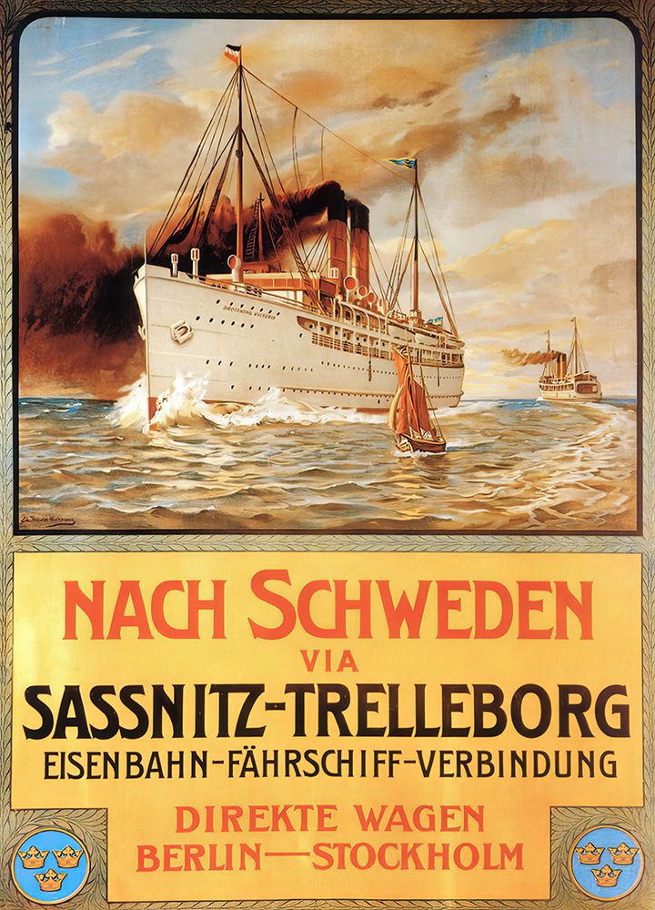 Germany Sassnitz Trelleborg Vintage Shipping Travel Poster