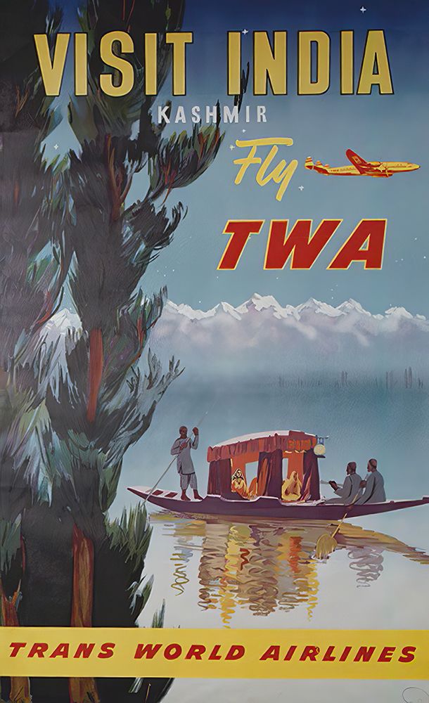 India Kashmir Mid Century Vintage Air Travel Poster