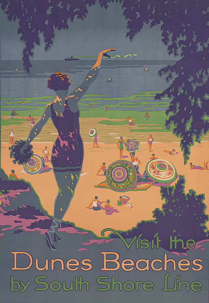 Indiana The Dunes Beaches Vintage Rail Travel Poster