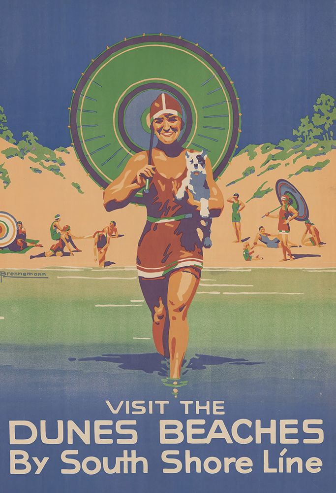 Indiana The Dunes Beaches Vintage Shore Line Rail Travel Poster