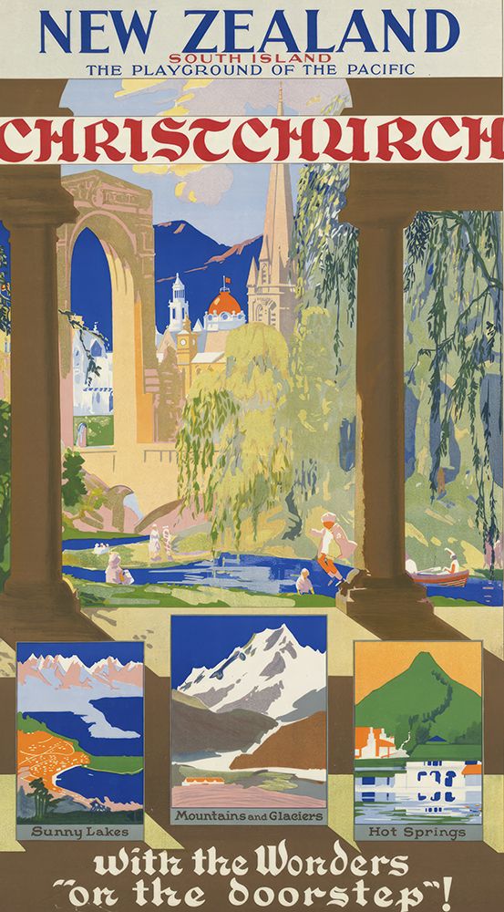 New Zealand Christchurch Vintage Travel Poster