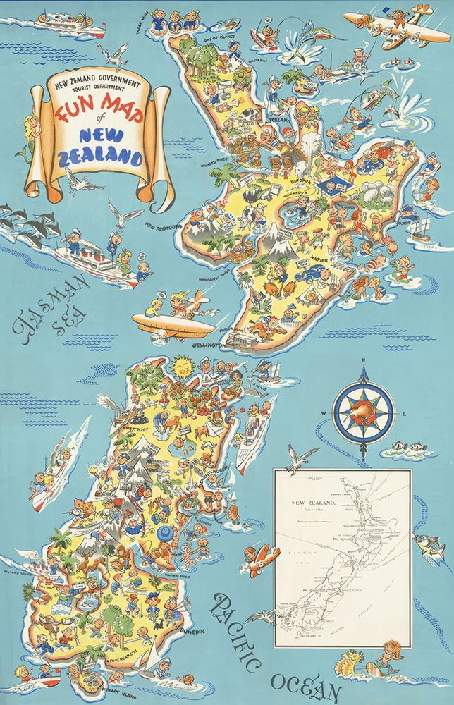 New Zealand Fun Map Vintage Travel Poster
