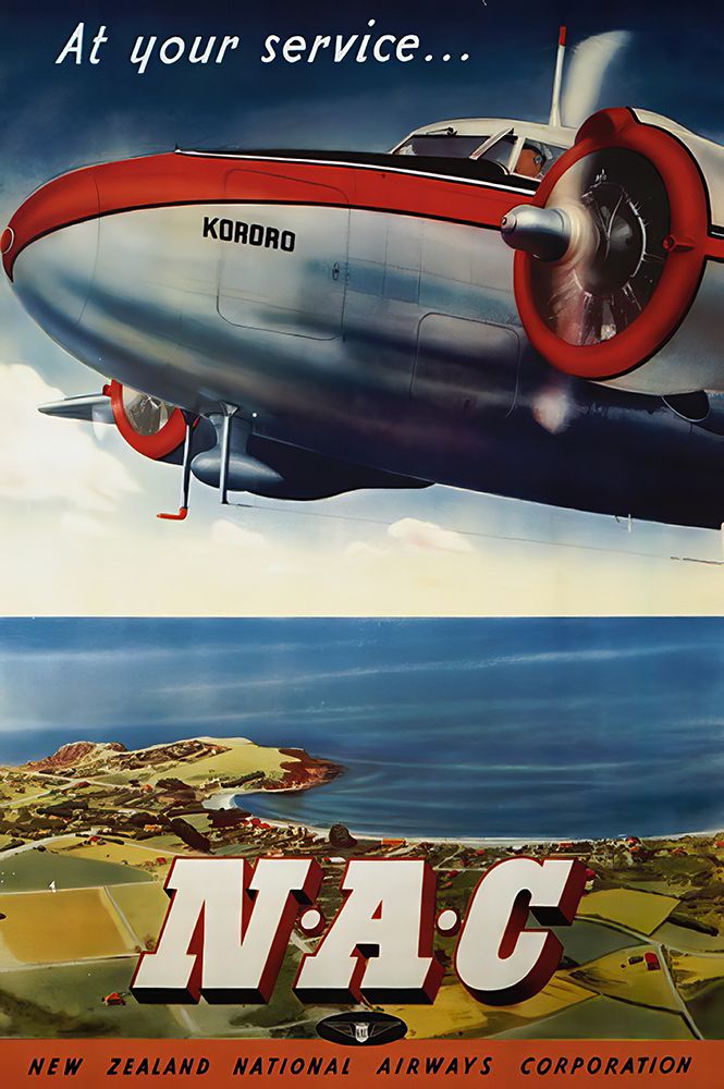 New Zealand Kororo NAC Vintage Airline Travel Poster