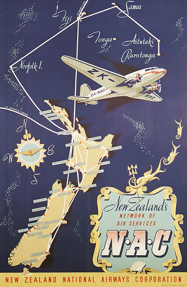 New Zealand NAC Vintage Air Travel Poster