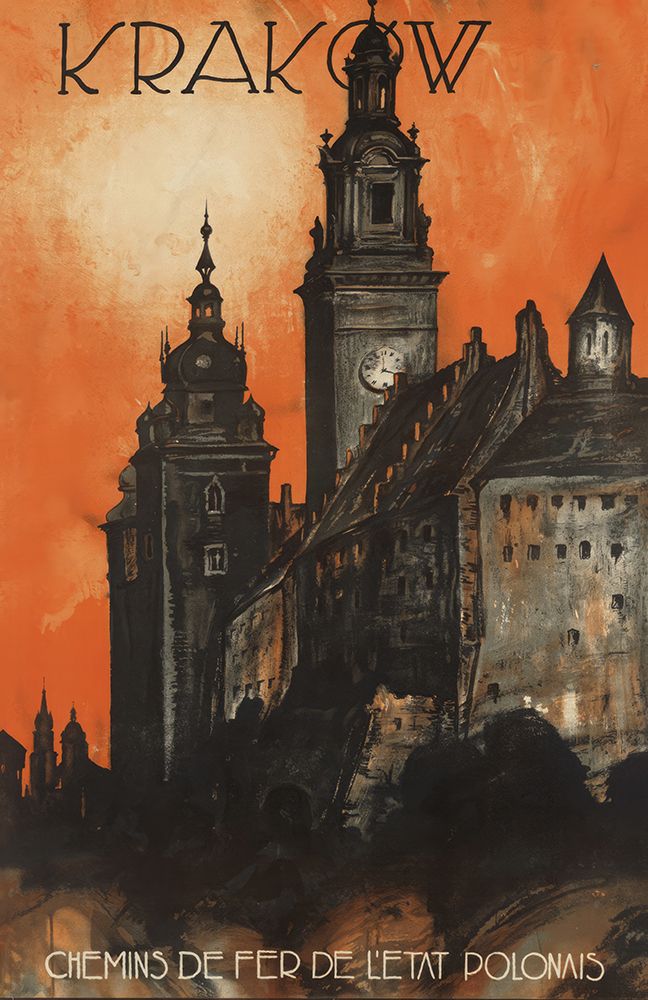 Poland Krakow Vintage Travel Poster
