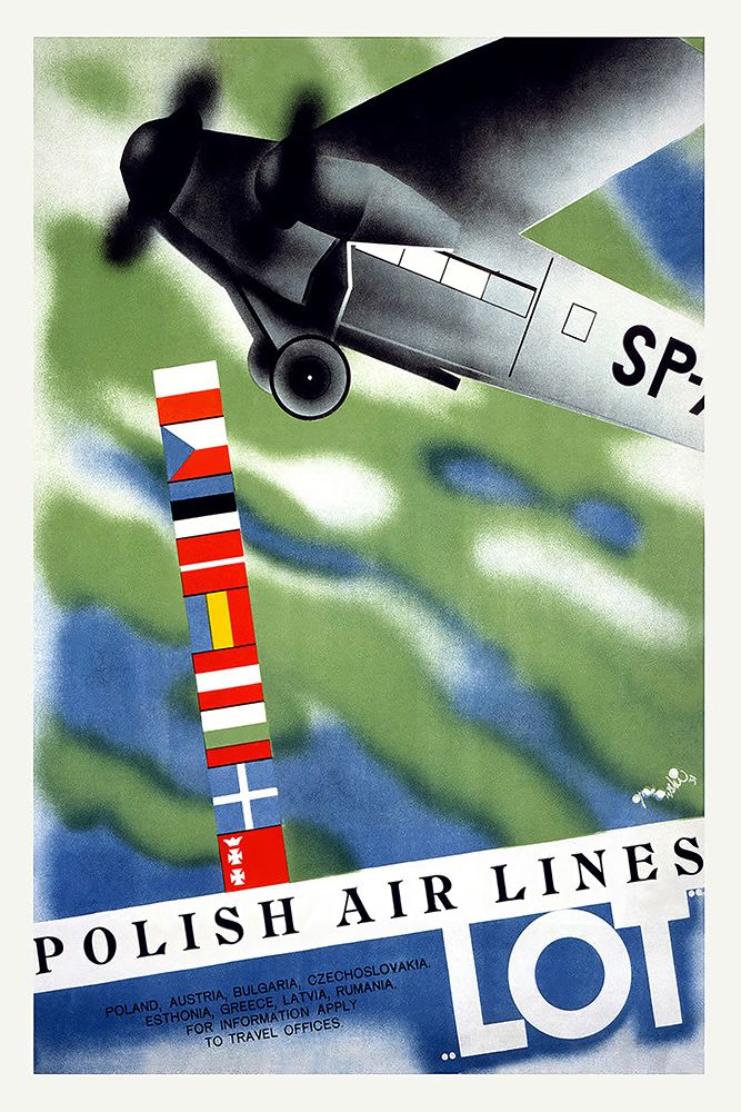 Poland LOT Airlines Vintage Travel Poster circa 1930